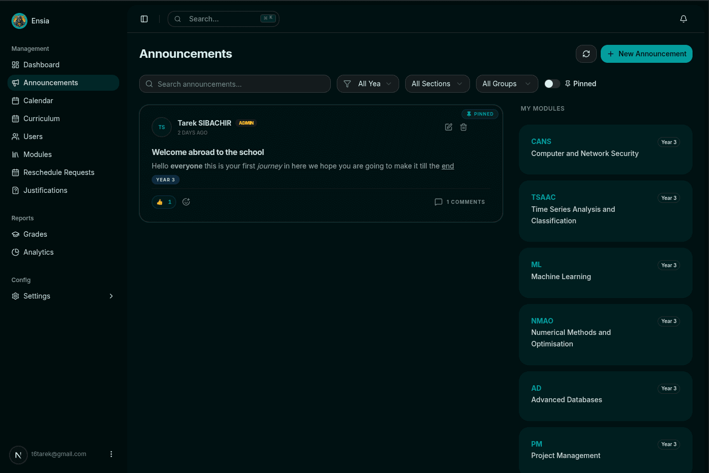Lectu Announcements — central communication hub - Dark Mode