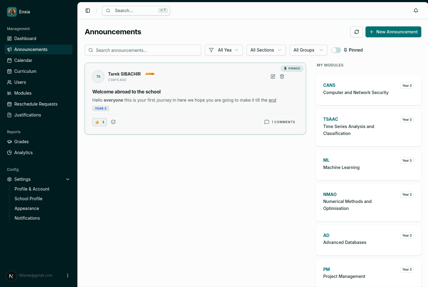 Lectu Announcements — central communication hub - Light Mode