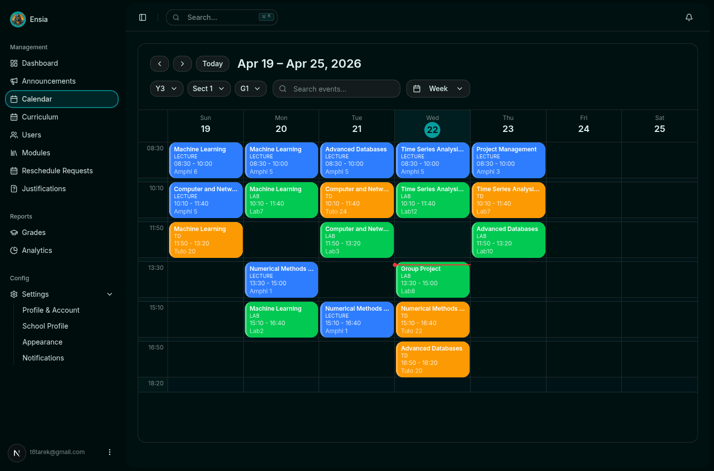 Lectu Calendar — academic sessions and room occupancy - Dark Mode