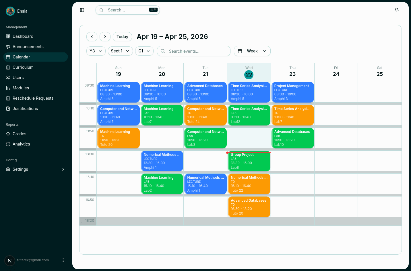 Lectu Calendar — academic sessions and room occupancy - Light Mode
